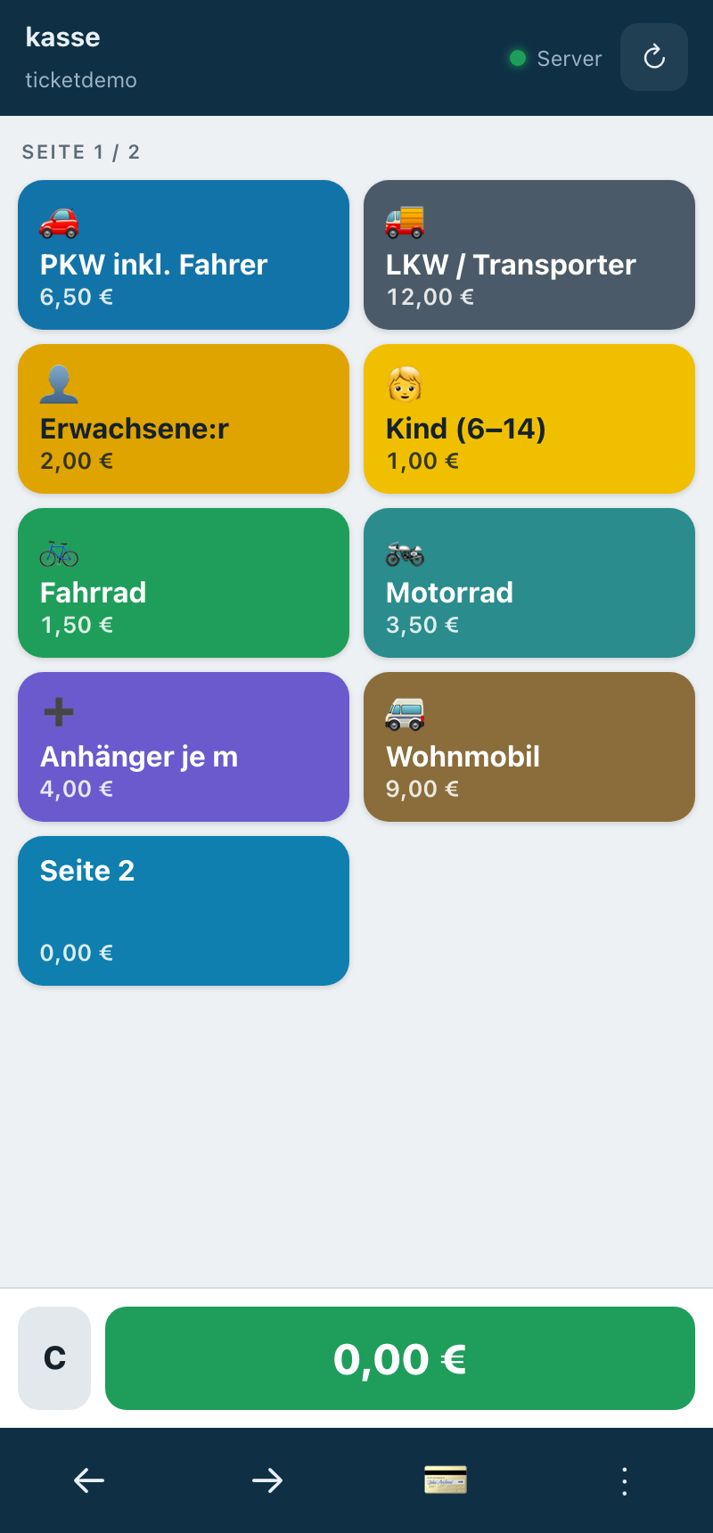 Verkaufsansicht der Fähre2026-Kasse auf dem Smartphone: große Produktkacheln für PKW, Erwachsene, Kind, Fahrrad und mehr